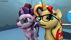 Size: 3840x2160 | Tagged: safe, artist:goatcanon, starlight glimmer, sunset shimmer, pony, unicorn, equestria girls, equestria girls specials, g4, my little pony equestria girls: mirror magic, 3d, bowtie, crossover, cute, day of the doctor, doctor who, fez, glasses, hat, high res, open mouth, source filmmaker, time travel glimmer, twilight's castle