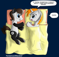 Size: 750x724 | Tagged: safe, artist:mykegreywolf, oc, oc:belle eve, oc:pandaman, pony, bed, belle eve, neogaf, ponified, restraining order