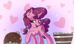 Size: 2500x1500 | Tagged: safe, artist:sentireaeris, sugar belle, pony, unicorn, g4, hard to say anything, apple, bucket, female, food, fruit, heart, mare, open mouth, raised hoof, solo
