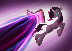 Size: 2480x1748 | Tagged: safe, artist:jeki, oleander (tfh), classical unicorn, pony, unicorn, them's fightin' herds, book, community related, curved horn, female, horn, leonine tail, magic, mare, smiling, solo, spellbook, unshorn fetlocks