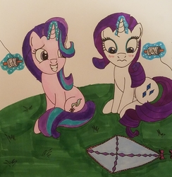 Size: 1271x1301 | Tagged: safe, artist:iffoundreturntorarity, rarity, starlight glimmer, pony, g4, cute, embarrassed, kite, raribetes, that pony sure does love kites, traditional art