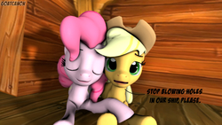 Size: 3840x2160 | Tagged: safe, artist:goatcanon, applejack, pinkie pie, pony, g4, 3d, cute, dialogue, eyes closed, female, high res, lesbian, open mouth, ship:applepie, shipping, source filmmaker