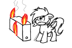 Size: 1163x778 | Tagged: safe, artist:neuro, oc, oc only, pony, computer, fire, floppy ears, monochrome, mouth hold, simple background, solo, technical difficulties, white background, wrench