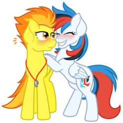 Size: 890x897 | Tagged: safe, artist:ak4neh, spitfire, oc, oc:retro city, pegasus, pony, g4, blushing, canon x oc, female, mare, retrofire, shipping, simple background, spitfire's whistle, transparent background, whistle