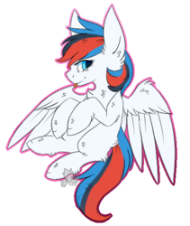 Size: 430x509 | Tagged: safe, artist:heart-sketch, oc, oc only, oc:retro city, pegasus, pony, chest fluff, ear fluff, female, floating, fluffy, leg fluff, lidded eyes, looking at you, mare, simple background, smiling, solo, spread wings, tongue out, transparent background, wing fluff, wings