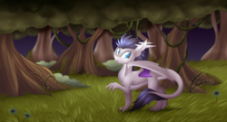 Size: 4200x2270 | Tagged: safe, artist:scarlet-spectrum, oc, oc only, dracony, dragon, hybrid, commission, dragoness, female, forest, high res, mare, solo, transformation, tree