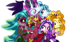 Size: 1334x750 | Tagged: safe, artist:yaycelestia0331, adagio dazzle, aria blaze, gaea everfree, gloriosa daisy, sci-twi, sonata dusk, sunset shimmer, twilight sparkle, pony, equestria girls, friendship games, g4, legend of everfree, rainbow rocks, antagonist, best friends until the end of time, cute, equestria girls ponified, equestria's monster girls, every villain, looking at you, midnight sparkle, ponified, simple background, sunset satan, transparent background