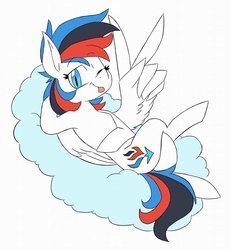 Size: 859x929 | Tagged: safe, artist:edwin barradas, oc, oc only, oc:retro city, pony, cloud, simple background, solo, tongue out, white background, wing hands