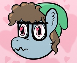Size: 883x725 | Tagged: safe, artist:letterbomb, oc, oc only, oc:letterbomb, earth pony, pony, beanie, curly hair, disembodied head, ear fluff, glasses, hat, head, heart background, heart eyes, male, solo, sqiggly mouth, wingding eyes