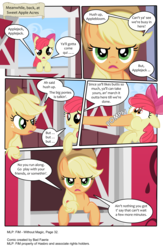 Size: 3391x5210 | Tagged: safe, artist:perfectblue97, apple bloom, applejack, earth pony, pony, comic:without magic, g4, absurd resolution, angry, barn, comic, hoof in mouth, sweet apple acres