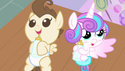 Size: 1920x1080 | Tagged: safe, pound cake, princess flurry heart, pony, g4, baby, baby bottle, baby pony, cute, diaper, female, foal, male