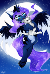 Size: 1100x1650 | Tagged: safe, artist:akylie, princess luna, oc, oc:zefiroth, alicorn, dragon, pony, g4, ethereal mane, female, flying, full moon, gift art, i can't believe it's not magnaluna, mare, moon, night, paws, plushie, smiling, spread wings, starry mane, stars, style emulation, wings