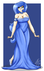 Size: 2200x3500 | Tagged: safe, artist:nexcoyotlgt, princess luna, human, g4, breasts, busty princess luna, cleavage, clothes, dress, female, high res, humanized, smiling, solo