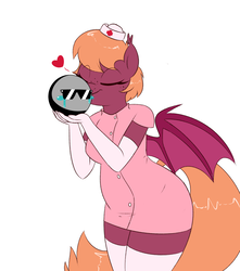 Size: 1280x1447 | Tagged: safe, artist:notenoughapples, oc, oc only, oc:anon, oc:capillary, bat pony, anthro, anthro oc, ask, clothes, crying, evening gloves, eyes closed, gloves, heart, kissing, long gloves, nurse, nurse outfit, simple background, stockings, thigh highs, tumblr, white background
