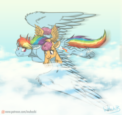Size: 900x850 | Tagged: safe, artist:inuhoshi-to-darkpen, rainbow dash, scootaloo, pegasus, pony, g4, cloud, duo, feathered fetlocks, female, filly, flying, mare, multicolored hair, patreon, ponies riding ponies, riding, scootaloo riding rainbow dash, scootalove, sky, underhoof, unshorn fetlocks
