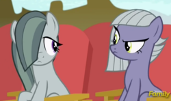 Size: 1002x594 | Tagged: safe, screencap, limestone pie, marble pie, earth pony, pony, g4, rock solid friendship, discovery family logo, looking at each other