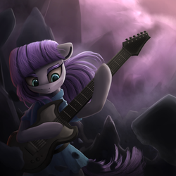 Size: 1500x1500 | Tagged: safe, artist:vanillaghosties, maud pie, earth pony, pony, g4, rock solid friendship, clothes, electric guitar, eyeshadow, female, guitar, makeup, mare, musical instrument, solo