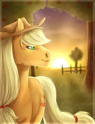 Size: 1700x2200 | Tagged: safe, artist:lou1911, applejack, earth pony, pony, g4, apple tree, female, fence, fluffy, mare, solo, sunset, tree, twilight (astronomy)