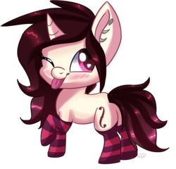 Size: 1228x1180 | Tagged: safe, artist:lyra-stars, oc, oc only, pony, unicorn, clothes, female, mare, one eye closed, simple background, socks, solo, striped socks, tongue out, transparent background, wink
