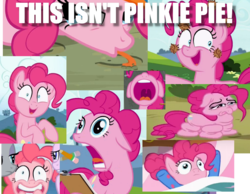 Size: 1046x812 | Tagged: safe, edit, screencap, pinkie pie, earth pony, pony, g4, rock solid friendship, background pony strikes again, blatant lies, comparison, duckery in the description, faic, flanderization, image macro, meme, op is a duck, op is trying to start shit, pie sisters pajamas, pinkie drama, seasonwunner, the treachery of images