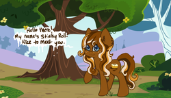 Size: 500x286 | Tagged: safe, artist:spottyfreak, oc, oc only, oc:sticky roll, earth pony, pony, ask, food, frosting, solo, tree, tumblr