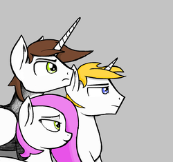 Size: 1504x1412 | Tagged: safe, artist:legionhooves, oc, oc only, alicorn, pony, alicorn oc, brother and sister, family, father, female, gray background, looking at something, mare, ms paint, simple background