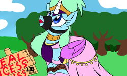 Size: 1600x960 | Tagged: safe, artist:dashingjack, oc, oc only, oc:brainstorm, alicorn, pony, bondage, crossdressing, hobbled, lipstick, male, muzzle, princess, stallion, trap, trapped