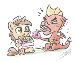 Size: 600x489 | Tagged: safe, artist:assasinmonkey, donut joe, garble, dragon, pony, g4, chibi, colored sketch, donut, duo, food, male, signature, simple background, stallion, white background