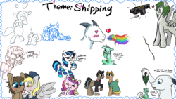 Size: 1920x1080 | Tagged: safe, artist:binkyt11, artist:cutepencilcase, artist:gift, artist:strangersaurus, buried treasure, derpy hooves, doctor caballeron, doctor whooves, lyra heartstrings, princess cadance, shining armor, time turner, oc, alicorn, earth pony, goat, pegasus, pony, squirrel, unicorn, g4, blushing, brain, buralleron, clothes, dialogue, drawpile disasters, female, flower, gun, heart, heart eyes, literal, literal shipping, mailmare, male, mare, rainbow, raritato, shipping, socks, speech bubble, spread wings, stallion, straight, tree, weapon, wingding eyes, wings