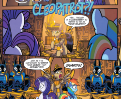 Size: 876x713 | Tagged: safe, artist:tonyfleecs, idw, official comic, queen cleopatrot, rainbow dash, rarity, jackal, pegasus, pony, unicorn, from the shadows, g4, spoiler:comic, spoiler:comic53, butt, comic, cropped, female, mare, plot, queen, spear, speech bubble, weapon