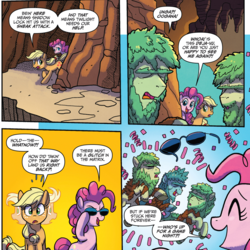 Size: 862x863 | Tagged: safe, artist:tony fleecs, idw, official comic, applejack, pinkie pie, earth pony, pony, from the shadows, g4, spoiler:comic, spoiler:comic53, cave pony, comic, cropped, female, male, mare, speech bubble, stallion, sunglasses, the matrix