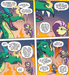 Size: 825x892 | Tagged: safe, artist:tony fleecs, idw, official comic, fluttershy, spike, dragon, pegasus, pony, from the shadows, g4, spoiler:comic, spoiler:comic53, comic, cropped, female, fire, male, mare, open mouth, smoke, speech bubble, unnamed character, unnamed dragon