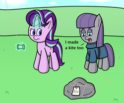 Size: 1001x835 | Tagged: safe, artist:techreel, maud pie, starlight glimmer, earth pony, pony, g4, rock solid friendship, kite, kite flying, levitation, magic, rock, telekinesis, that pony sure does love rocks