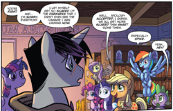 Size: 848x545 | Tagged: safe, artist:tony fleecs, idw, official comic, applejack, fluttershy, pinkie pie, rainbow dash, rarity, shadow lock, spike, twilight sparkle, alicorn, dragon, earth pony, pegasus, pony, unicorn, friendship is magic #53, from the shadows, g4, spoiler:comic, cropped, discussion in the comments, female, male, mane six, mare, rainbow douche, speech bubble, stallion, twilight sparkle (alicorn)