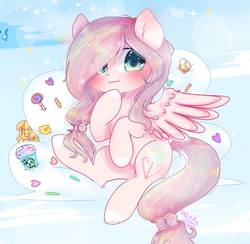 Size: 1156x1127 | Tagged: safe, artist:windymils, oc, oc only, oc:lightly candy, pegasus, pony, candy, cute, female, food, looking at you, mare, ocbetes, smiling, solo