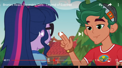 Size: 1334x750 | Tagged: safe, screencap, sci-twi, timber spruce, twilight sparkle, bronies react, equestria girls, g4, my little pony equestria girls: legend of everfree, bracelet, camp everfree logo, camp everfree outfits, female, fourth wall, glasses, jewelry, male, rear view, shipping, straight, timbertwi, tree, youtube