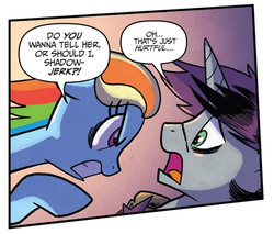 Size: 456x389 | Tagged: safe, artist:tonyfleecs, idw, official comic, rainbow dash, shadow lock, pegasus, pony, unicorn, from the shadows, g4, spoiler:comic, spoiler:comic53, cropped, duo, female, male, mare, speech bubble, stallion