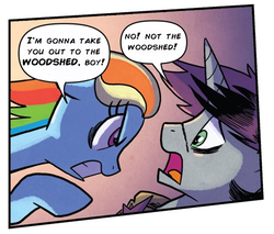 Size: 456x389 | Tagged: safe, artist:tonyfleecs, edit, idw, rainbow dash, shadow lock, pegasus, pony, unicorn, g4, spoiler:comic53, dialogue, female, imminent spanking, male, mare, open mouth, speech bubble, stallion, the man they call ghost, true capitalist radio, woodshed
