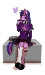 Size: 1200x2000 | Tagged: safe, artist:fierrequin, twilight sparkle, anthro, g4, backpack, blushing, clothes, cute, female, hair twirl, kneesocks, necktie, pleated skirt, question mark, schoolgirl, shirt, shoes, shy, simple background, sitting, skirt, socks, solo, sweater, twiabetes, white background