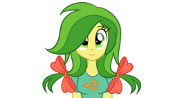 Size: 900x506 | Tagged: safe, artist:wubcakeva, apple fritter, equestria girls, g4, adorasexy, apple family member, bow, breasts, busty apple fritter, clothes, cute, cutie mark on clothes, equestria girls-ified, female, fritterbetes, green hair, hair bow, looking at you, sexy, shirt, simple background, smiling, solo, transparent background