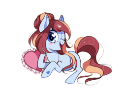 Size: 1000x753 | Tagged: safe, artist:ipun, oc, oc only, oc:gabby, earth pony, pony, blushing, female, heart eyes, looking at you, mare, one eye closed, open mouth, prone, simple background, solo, transparent background, wingding eyes, wink