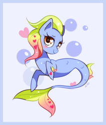 Size: 1000x1171 | Tagged: safe, artist:ipun, oc, oc only, oc:bubbles, merpony, pony, seapony (g4), g4, bubble, digital art, dorsal fin, female, fin, fins, flowing mane, flowing tail, heart eyes, lidded eyes, looking at you, scales, signature, simple background, smiling, smiling at you, solo, tail, underwater, water, wingding eyes