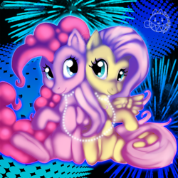 Size: 800x800 | Tagged: safe, artist:thepinkdemon, fluttershy, pinkie pie, earth pony, pegasus, pony, g4, abstract background, female, leash, mare, sitting