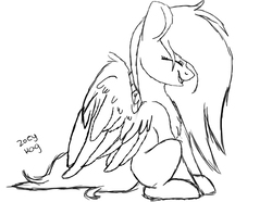 Size: 907x674 | Tagged: safe, artist:violetdesignstudios, pegasus, pony, eyes closed, female, mare, monochrome, sitting, smiling, solo