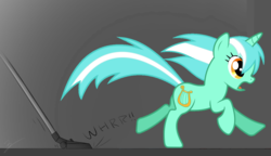 Size: 1190x685 | Tagged: safe, artist:uxyd, edit, lyra heartstrings, pony, unicorn, g4, behaving like a cat, female, running, scared, solo, vacuum cleaner