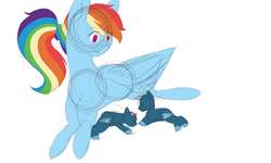 Size: 5000x3000 | Tagged: safe, artist:mah521, rainbow dash, oc, oc:radiant sun, oc:rainy day, pegasus, pony, g4, alternate hairstyle, female, high res, mare, mother and daughter, mother and son, offspring, parent:rainbow dash, parent:soarin', parents:soarindash, ponytail, prone, simple background, sketch, twins, white background