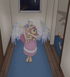 Size: 3014x3352 | Tagged: safe, artist:ergos, fluttershy, oc, oc only, human, doll, female, hallway, high res, non-mlp oc, plushie, solo, toy, wings