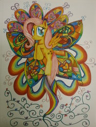 Size: 1024x1365 | Tagged: safe, artist:lavendercat94, fluttershy, pony, g4, female, flying, solo, traditional art