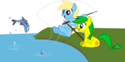 Size: 4044x2000 | Tagged: safe, artist:audiobeatzz, oc, oc only, oc:clarissa streams, oc:lily spark, earth pony, fish, pony, earth pony oc, female, fishing, high res, mare, open mouth, open smile, simple background, sitting, smiling, transparent background