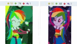 Size: 427x245 | Tagged: safe, edit, edited screencap, screencap, captain planet, rainbow dash, teddy t. touchdown, tennis match, derpibooru, equestria girls, g4, my little pony equestria girls, animated, background human, clothes, dancing, dress, eyes closed, fall formal outfits, gif, juxtaposition, meta, smiling